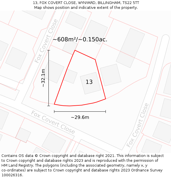 13, FOX COVERT CLOSE, WYNYARD, BILLINGHAM, TS22 5TT: Plot and title map