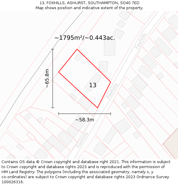 13, FOXHILLS, ASHURST, SOUTHAMPTON, SO40 7ED: Plot and title map