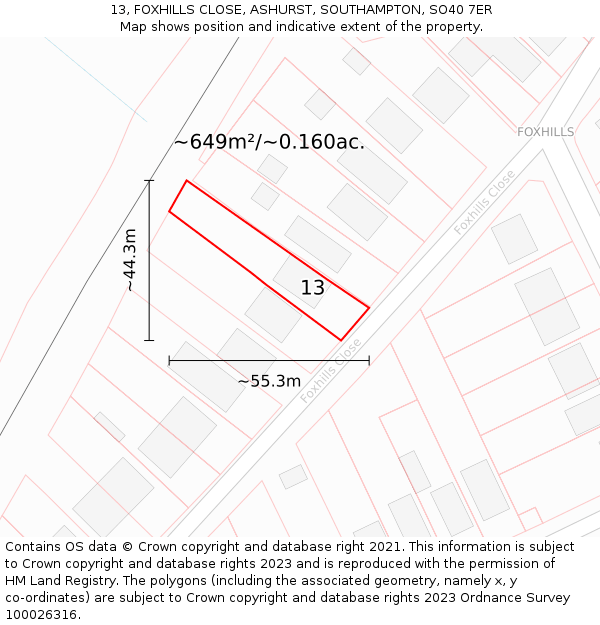 13, FOXHILLS CLOSE, ASHURST, SOUTHAMPTON, SO40 7ER: Plot and title map