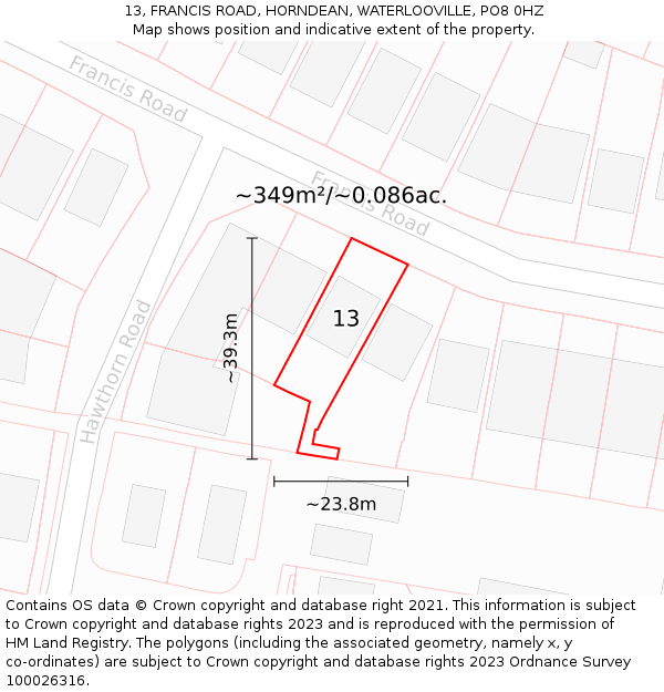 13, FRANCIS ROAD, HORNDEAN, WATERLOOVILLE, PO8 0HZ: Plot and title map