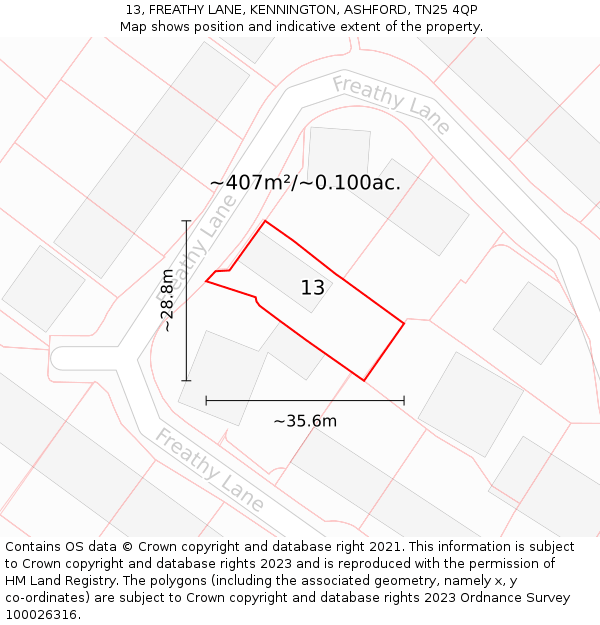 13, FREATHY LANE, KENNINGTON, ASHFORD, TN25 4QP: Plot and title map