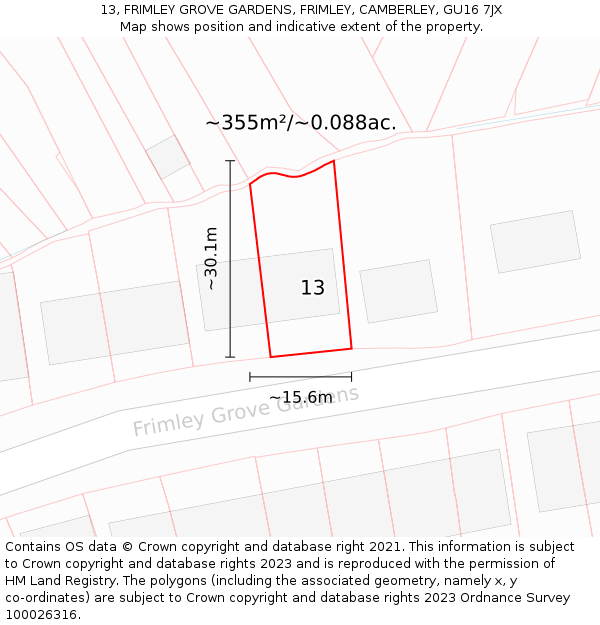 13, FRIMLEY GROVE GARDENS, FRIMLEY, CAMBERLEY, GU16 7JX: Plot and title map