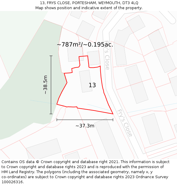 13, FRYS CLOSE, PORTESHAM, WEYMOUTH, DT3 4LQ: Plot and title map