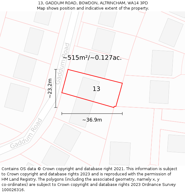 13, GADDUM ROAD, BOWDON, ALTRINCHAM, WA14 3PD: Plot and title map