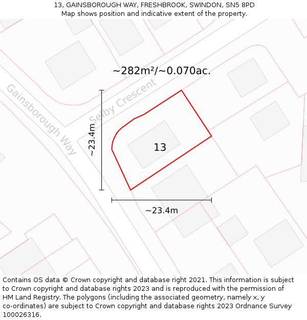 13, GAINSBOROUGH WAY, FRESHBROOK, SWINDON, SN5 8PD: Plot and title map