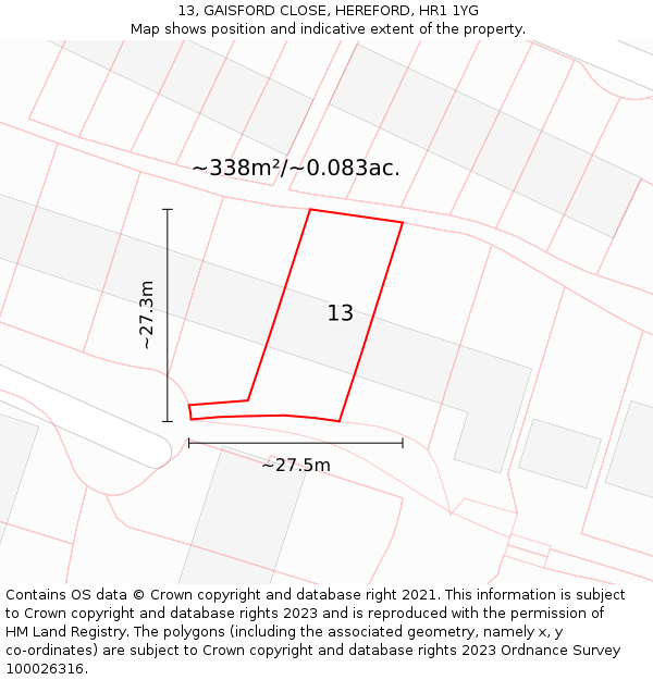 13, GAISFORD CLOSE, HEREFORD, HR1 1YG: Plot and title map