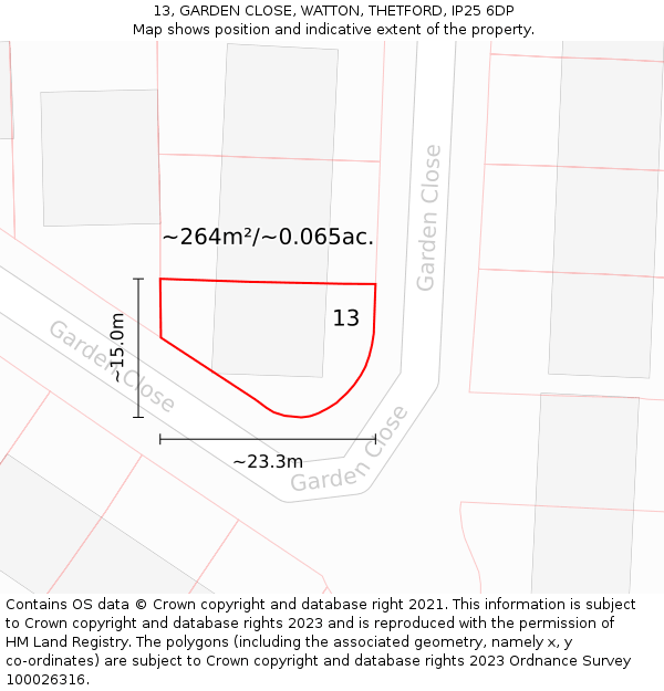 13, GARDEN CLOSE, WATTON, THETFORD, IP25 6DP: Plot and title map
