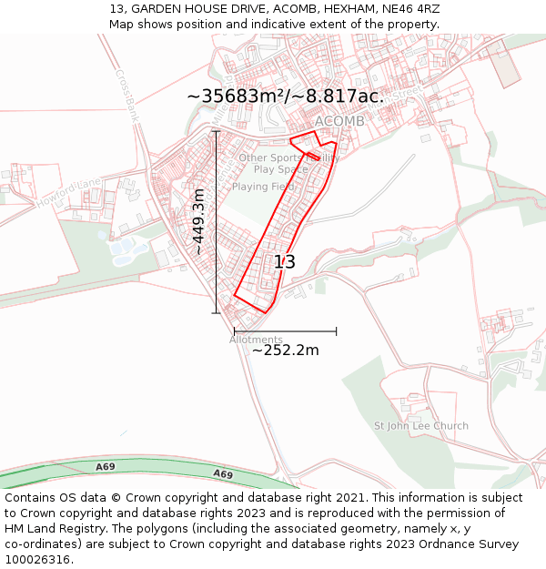 13, GARDEN HOUSE DRIVE, ACOMB, HEXHAM, NE46 4RZ: Plot and title map