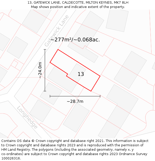 13, GATEWICK LANE, CALDECOTTE, MILTON KEYNES, MK7 8LH: Plot and title map