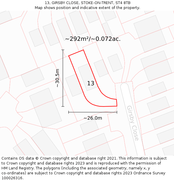 13, GIRSBY CLOSE, STOKE-ON-TRENT, ST4 8TB: Plot and title map