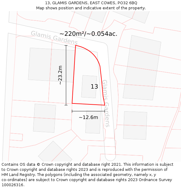 13, GLAMIS GARDENS, EAST COWES, PO32 6BQ: Plot and title map