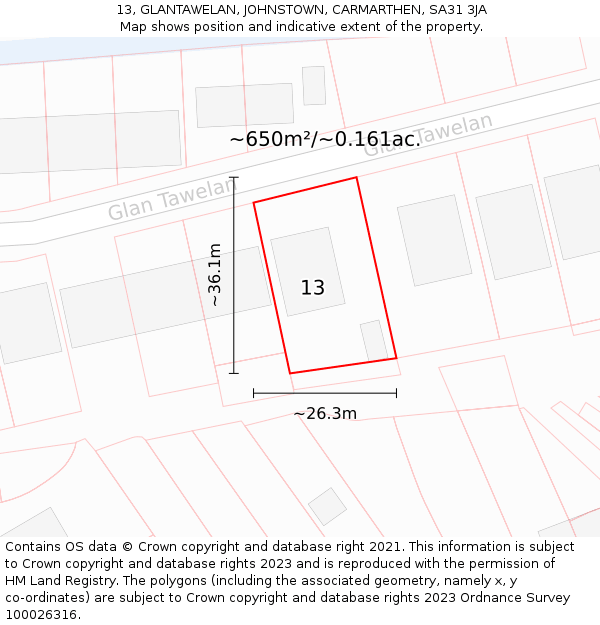 13, GLANTAWELAN, JOHNSTOWN, CARMARTHEN, SA31 3JA: Plot and title map