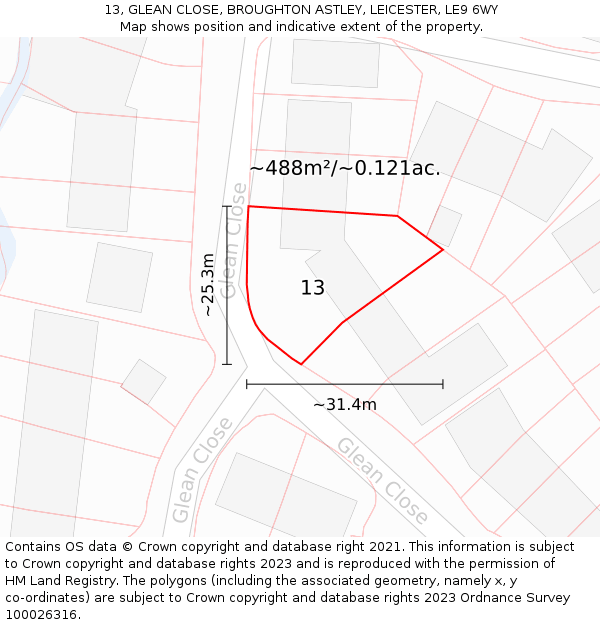 13, GLEAN CLOSE, BROUGHTON ASTLEY, LEICESTER, LE9 6WY: Plot and title map
