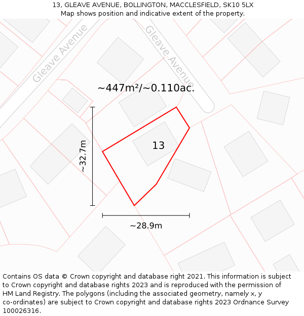 13, GLEAVE AVENUE, BOLLINGTON, MACCLESFIELD, SK10 5LX: Plot and title map