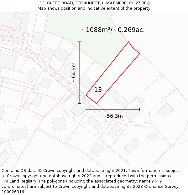 13, GLEBE ROAD, FERNHURST, HASLEMERE, GU27 3EQ: Plot and title map