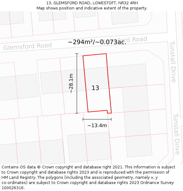 13, GLEMSFORD ROAD, LOWESTOFT, NR32 4RH: Plot and title map