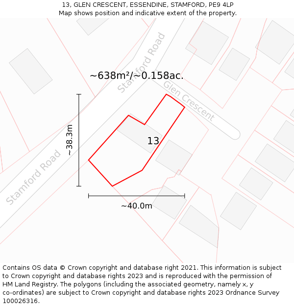 13, GLEN CRESCENT, ESSENDINE, STAMFORD, PE9 4LP: Plot and title map