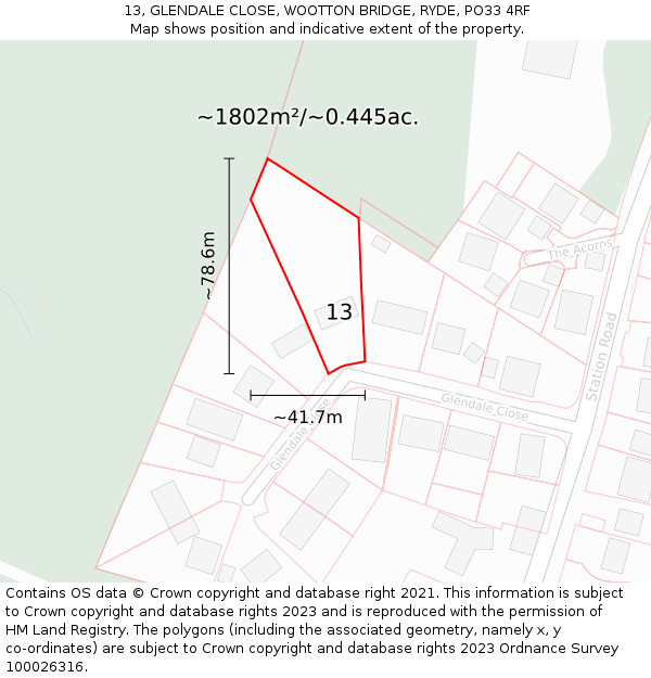 13, GLENDALE CLOSE, WOOTTON BRIDGE, RYDE, PO33 4RF: Plot and title map