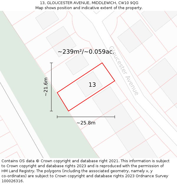 13, GLOUCESTER AVENUE, MIDDLEWICH, CW10 9QG: Plot and title map