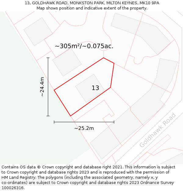 13, GOLDHAWK ROAD, MONKSTON PARK, MILTON KEYNES, MK10 9PA: Plot and title map