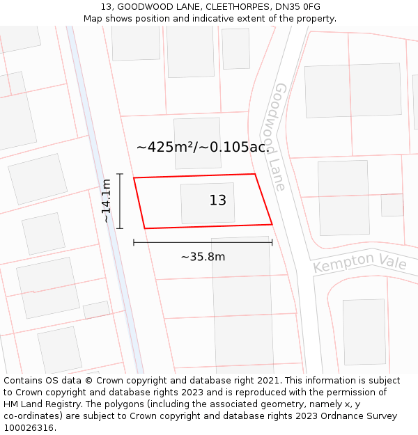 13, GOODWOOD LANE, CLEETHORPES, DN35 0FG: Plot and title map