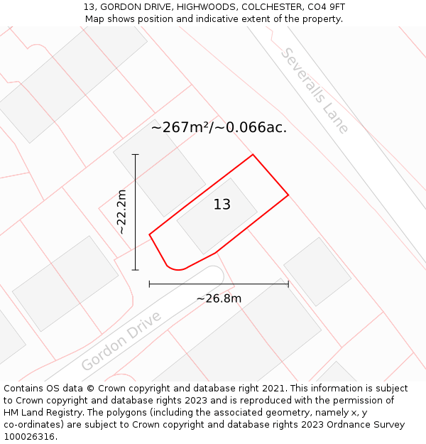 13, GORDON DRIVE, HIGHWOODS, COLCHESTER, CO4 9FT: Plot and title map