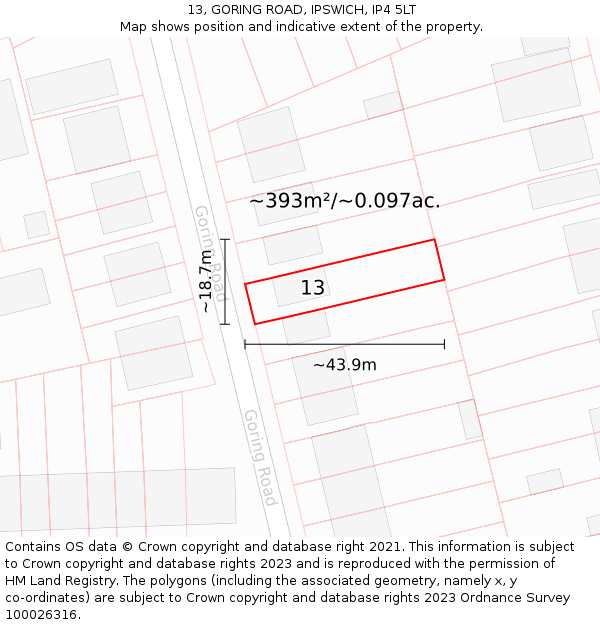 13, GORING ROAD, IPSWICH, IP4 5LT: Plot and title map