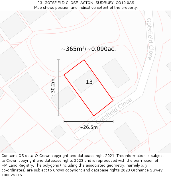 13, GOTSFIELD CLOSE, ACTON, SUDBURY, CO10 0AS: Plot and title map