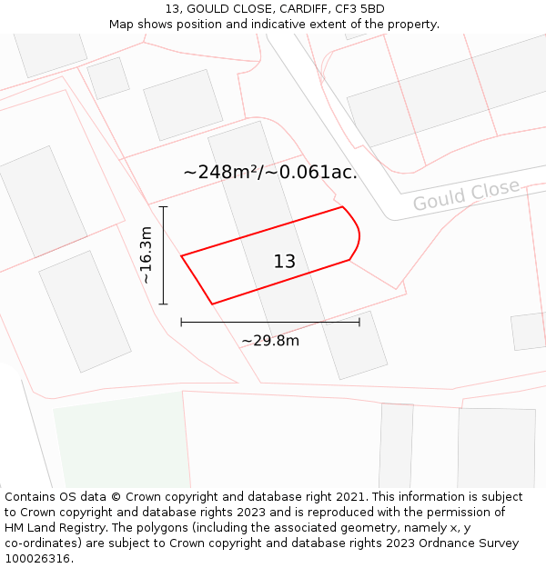 13, GOULD CLOSE, CARDIFF, CF3 5BD: Plot and title map