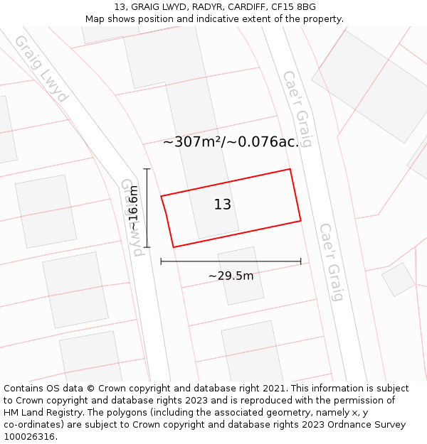 13, GRAIG LWYD, RADYR, CARDIFF, CF15 8BG: Plot and title map