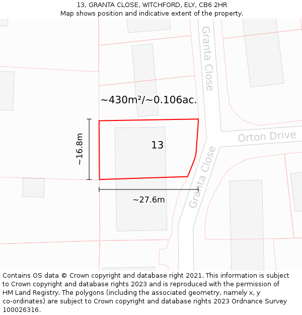 13, GRANTA CLOSE, WITCHFORD, ELY, CB6 2HR: Plot and title map