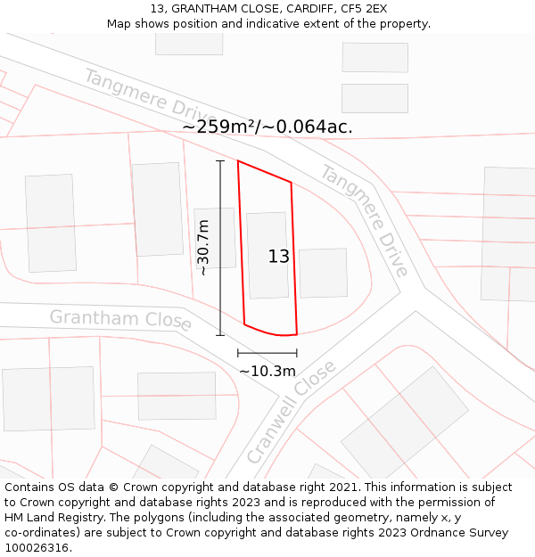 13, GRANTHAM CLOSE, CARDIFF, CF5 2EX: Plot and title map