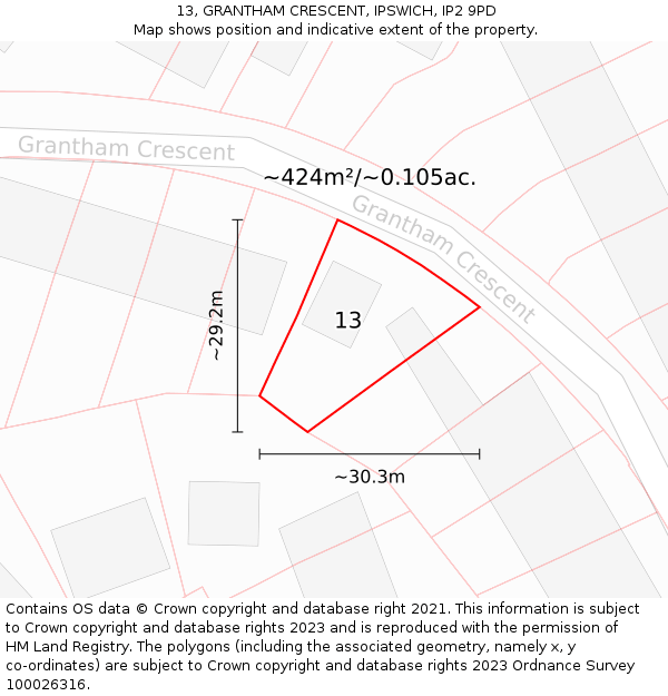 13, GRANTHAM CRESCENT, IPSWICH, IP2 9PD: Plot and title map