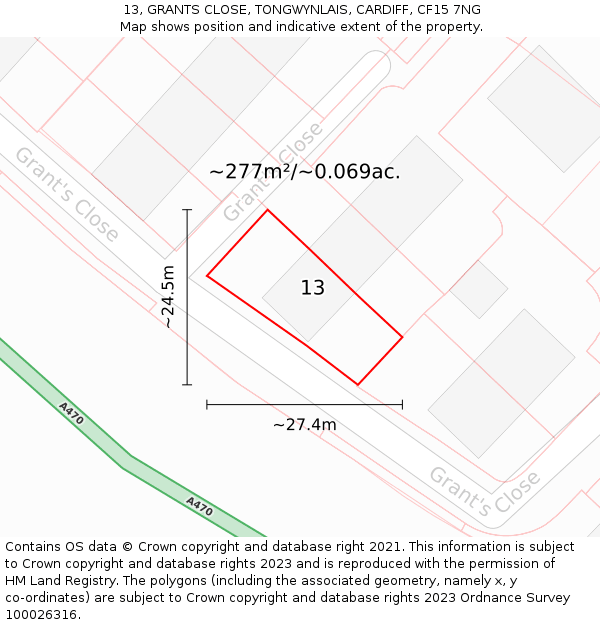 13, GRANTS CLOSE, TONGWYNLAIS, CARDIFF, CF15 7NG: Plot and title map