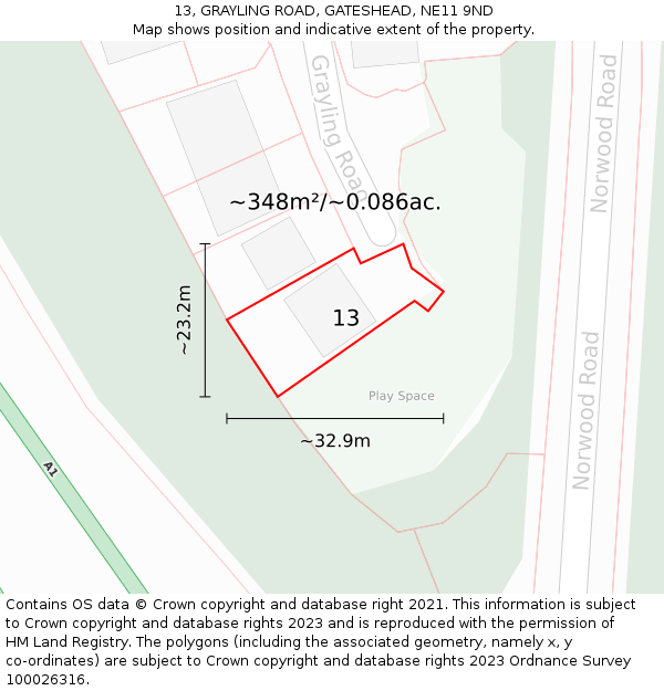 13, GRAYLING ROAD, GATESHEAD, NE11 9ND: Plot and title map