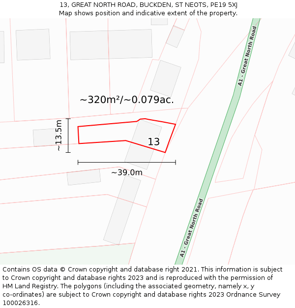 13, GREAT NORTH ROAD, BUCKDEN, ST NEOTS, PE19 5XJ: Plot and title map