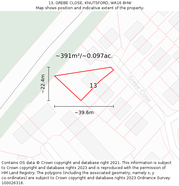 13, GREBE CLOSE, KNUTSFORD, WA16 8HW: Plot and title map