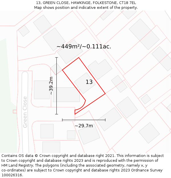 13, GREEN CLOSE, HAWKINGE, FOLKESTONE, CT18 7EL: Plot and title map