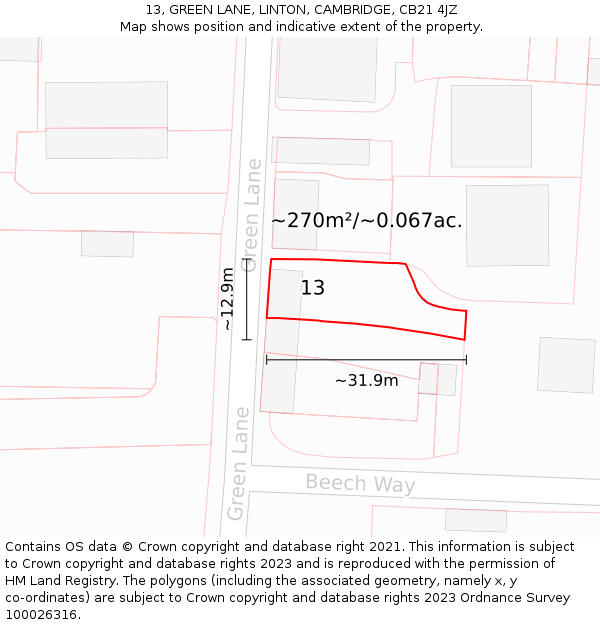 13, GREEN LANE, LINTON, CAMBRIDGE, CB21 4JZ: Plot and title map