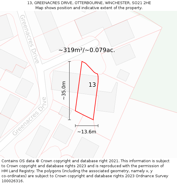 13, GREENACRES DRIVE, OTTERBOURNE, WINCHESTER, SO21 2HE: Plot and title map