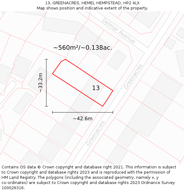 13, GREENACRES, HEMEL HEMPSTEAD, HP2 4LX: Plot and title map