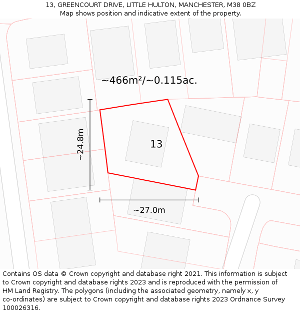 13, GREENCOURT DRIVE, LITTLE HULTON, MANCHESTER, M38 0BZ: Plot and title map