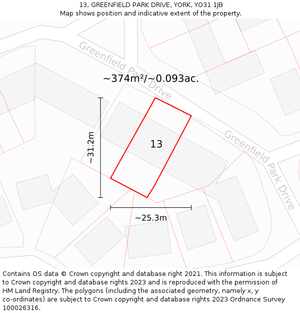 13, GREENFIELD PARK DRIVE, YORK, YO31 1JB: Plot and title map