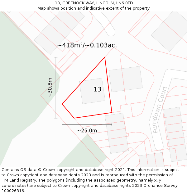 13, GREENOCK WAY, LINCOLN, LN6 0FD: Plot and title map