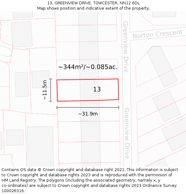13, GREENVIEW DRIVE, TOWCESTER, NN12 6DL: Plot and title map