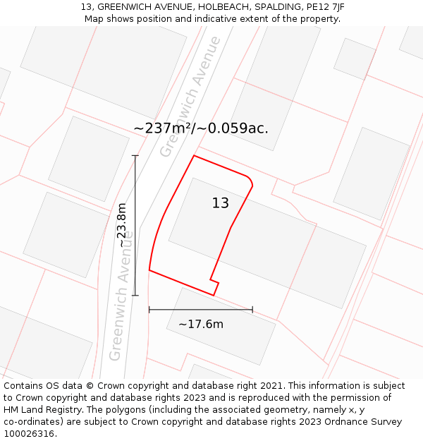 13, GREENWICH AVENUE, HOLBEACH, SPALDING, PE12 7JF: Plot and title map