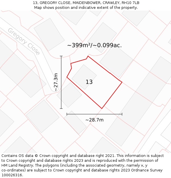 13, GREGORY CLOSE, MAIDENBOWER, CRAWLEY, RH10 7LB: Plot and title map