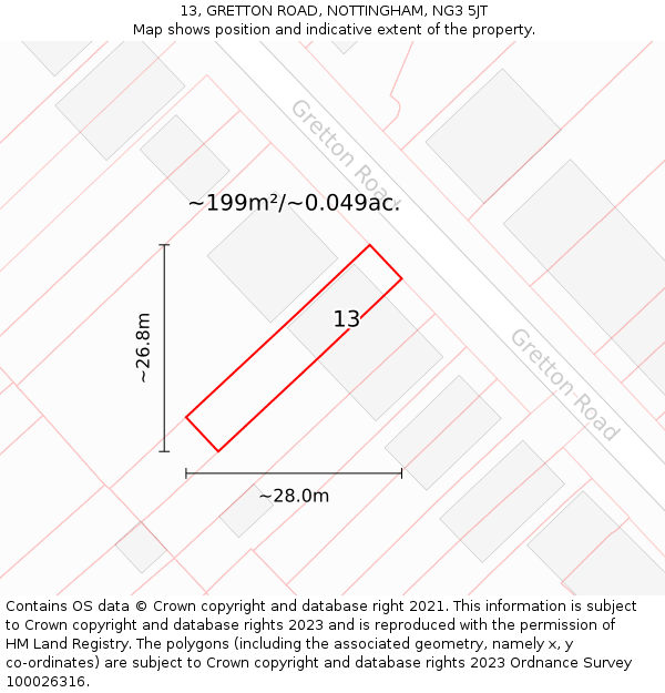 13, GRETTON ROAD, NOTTINGHAM, NG3 5JT: Plot and title map