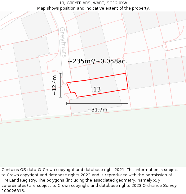 13, GREYFRIARS, WARE, SG12 0XW: Plot and title map