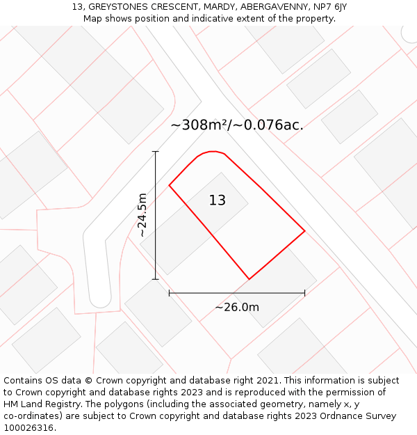 13, GREYSTONES CRESCENT, MARDY, ABERGAVENNY, NP7 6JY: Plot and title map